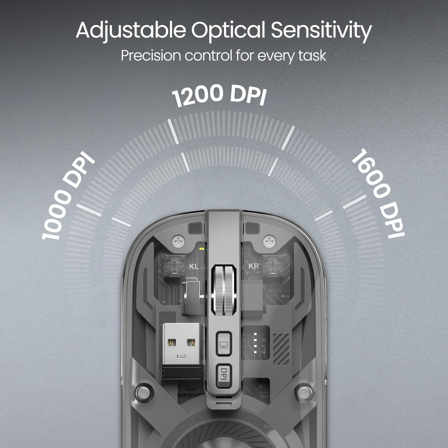 Computer mouse with adjustable DPI settings on a gray background