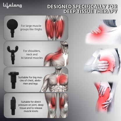 Lifelong Gun Massager for Pain Relief with 9 Massage Heads Massage Gun Machine for Full Body - Gun Massager Rechargeable with 9 Speed Levels & Easy-Grip Handle for Muscle Massage of Back, Neck, Shoulder, Hand, Foot & Leg