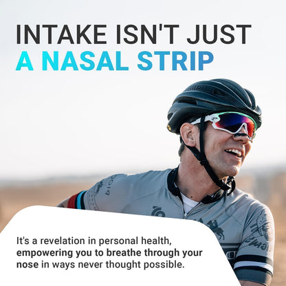Man wearing a helmet and sunglasses with text about nasal strips and personal health.