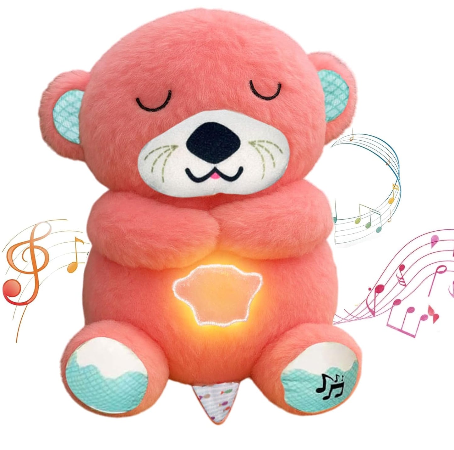 Pink teddy bear plush toy with glowing belly and musical notes around it on a white background