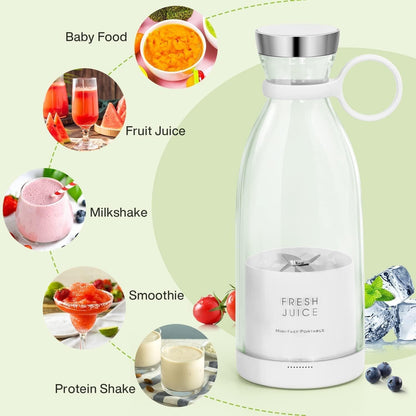 White juice extractor with images of baby food, fruit juice, milkshake, smoothie, and protein shake around it on a green background.