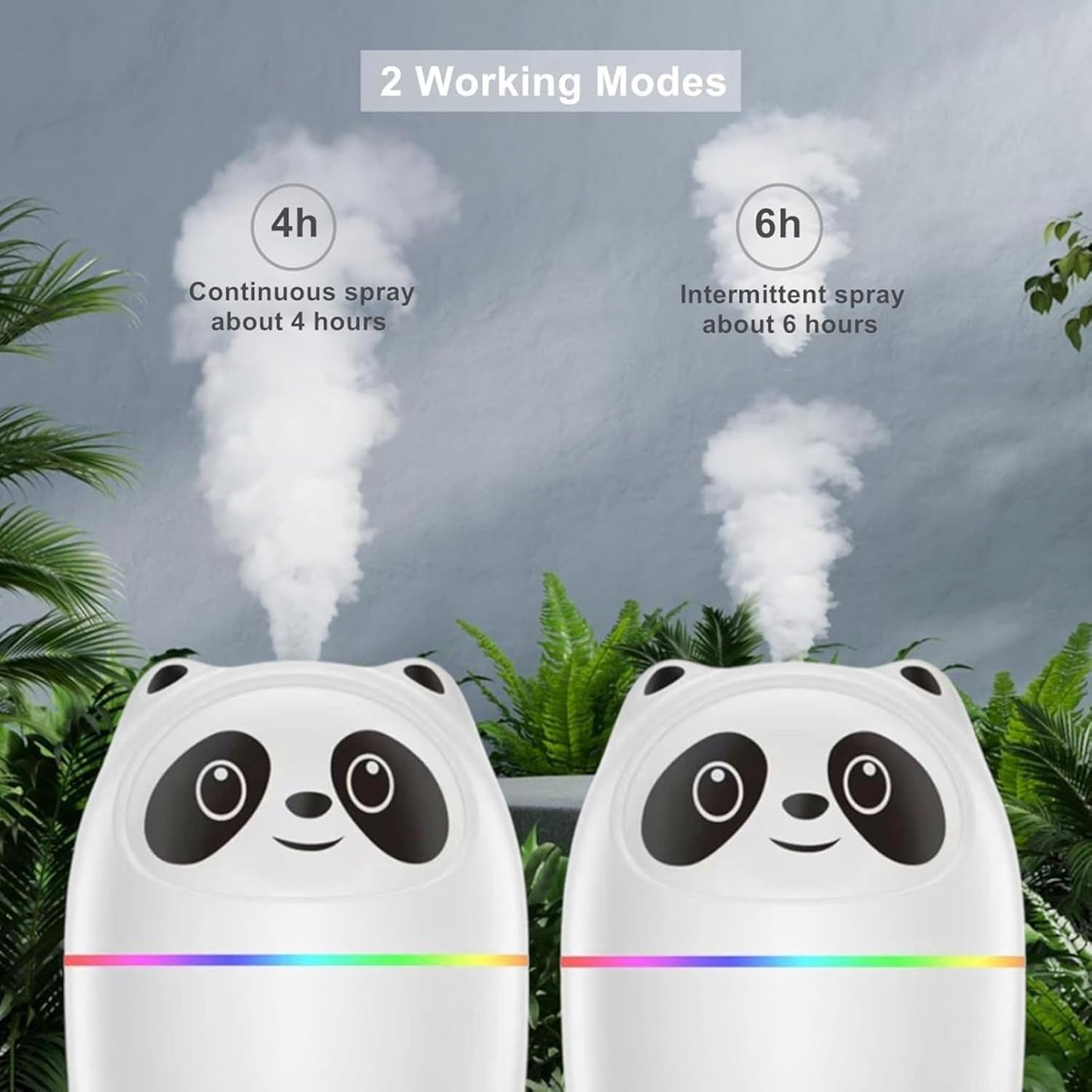 Two panda-shaped humidifiers with steam rising from them, set against a natural background.