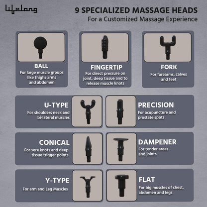 Lifelong Gun Massager for Pain Relief with 9 Massage Heads Massage Gun Machine for Full Body - Gun Massager Rechargeable with 9 Speed Levels & Easy-Grip Handle for Muscle Massage of Back, Neck, Shoulder, Hand, Foot & Leg