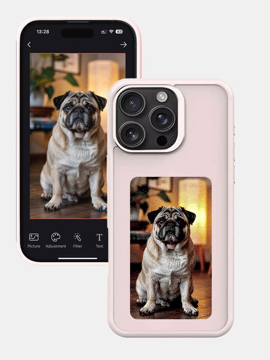 Macmerise iPhone 15 Pro Dopamine case with smart e-ink display in baby pink