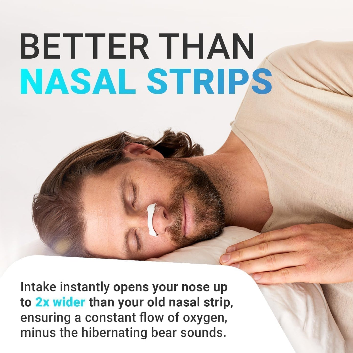Man sleeping with a nasal strip on his nose, text indicating it's better than nasal strips.