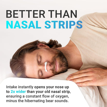 Man sleeping with a nasal strip on his nose, text indicating it's better than nasal strips.
