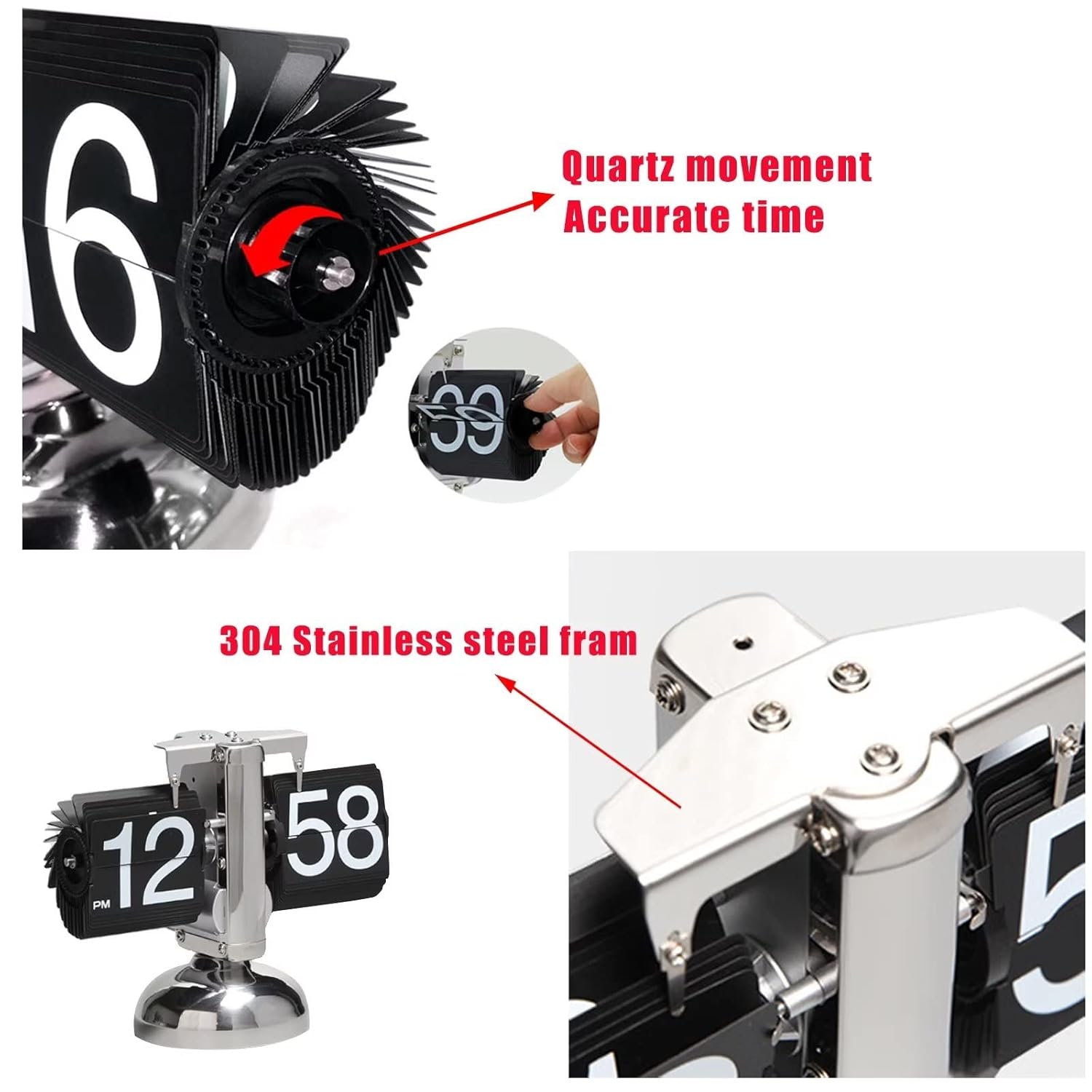 KENJIEY Stainless Steel Retro Flip Clock, Mechanical Digital Desk Clock, Internal Gear Operated, Battery Powered for Home Office Decor, White, 23.1 Cm