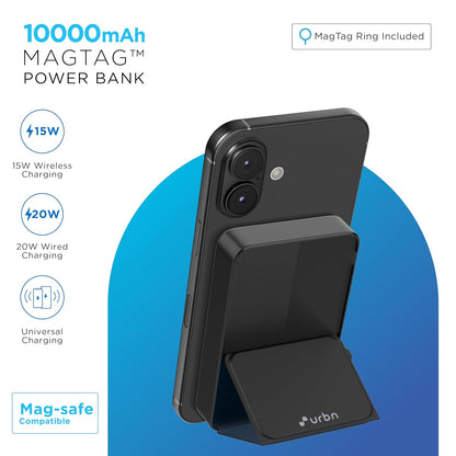 URBN 10000 mAh Stand Magsafe Power Bank with Stand | 15W Fast Wireless Charging |Strong Magnetic Hold | Type C Input/Output | Pass Through Charging | MagTag Ring Included | (Black) -USB Type C