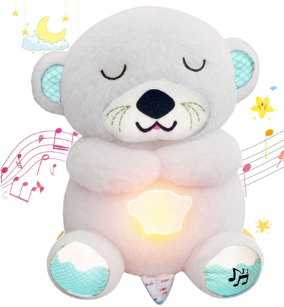 Plush toy bear with a glowing belly, musical notes, and stars on a white background
