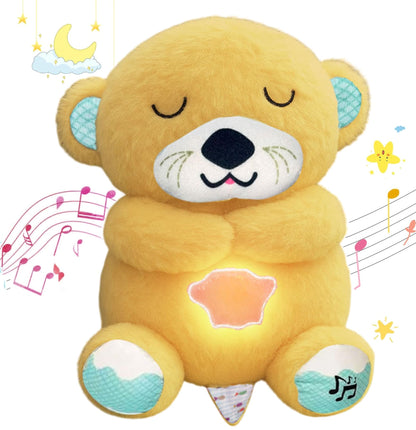 Yellow teddy bear plush toy with musical notes and stars on a white background