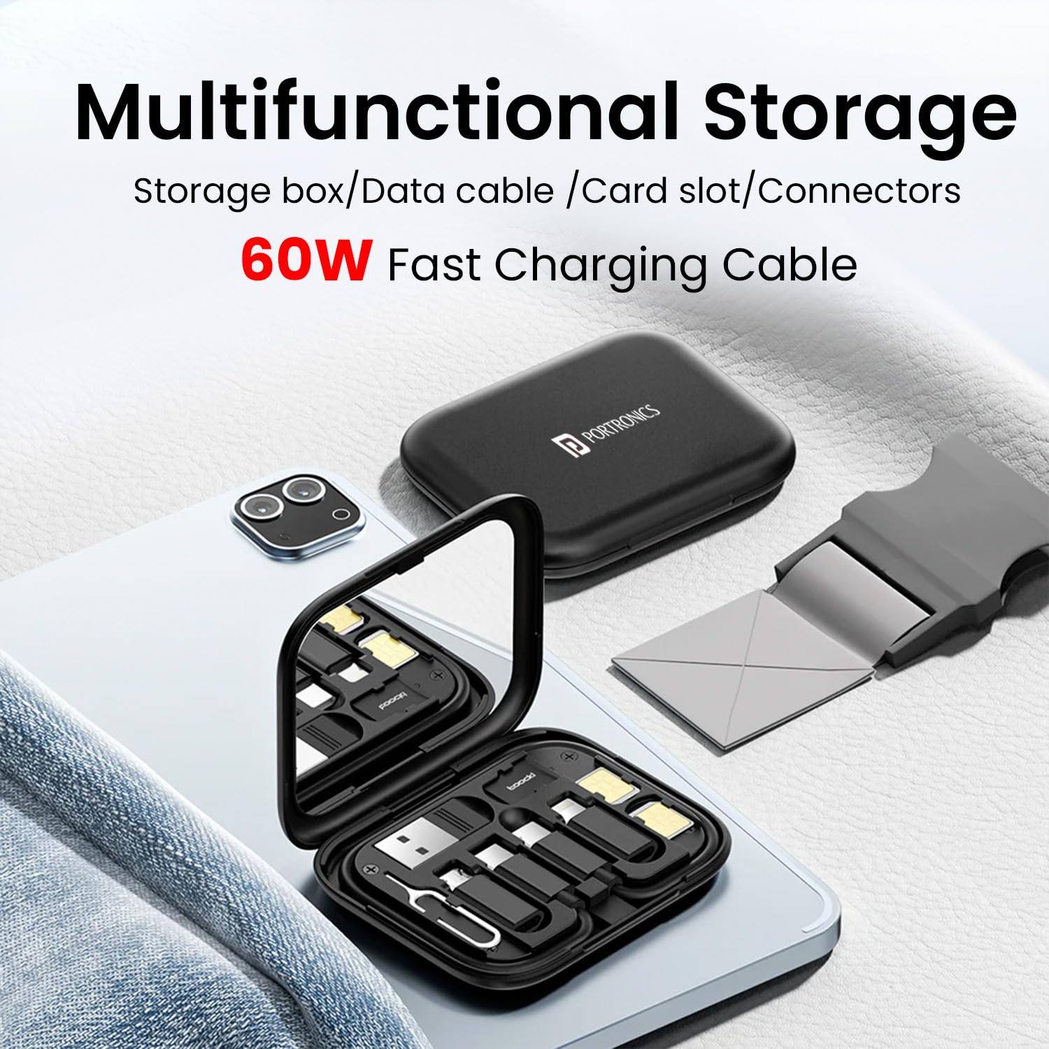 Fast charging and data transfer cable kit with SIM tool and mirror