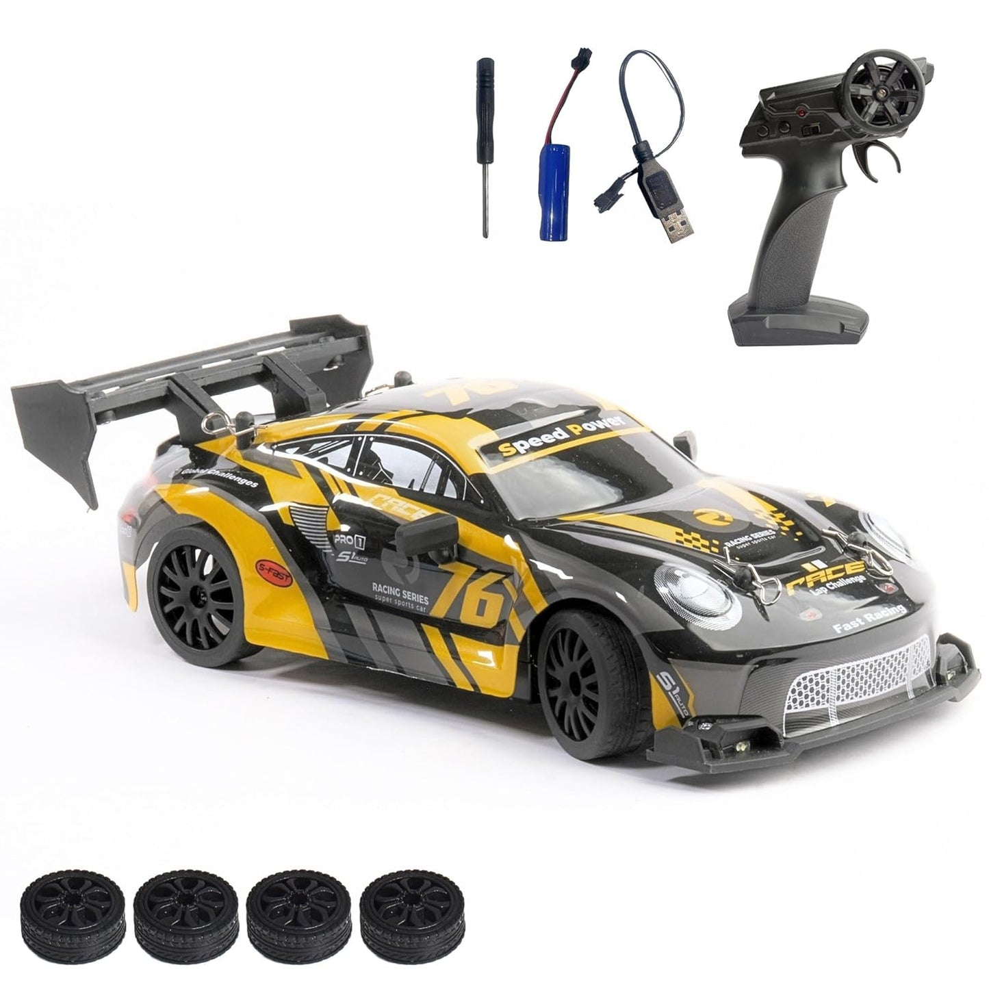 Radio-controlled car with remote control, battery, and spare wheels on a white background