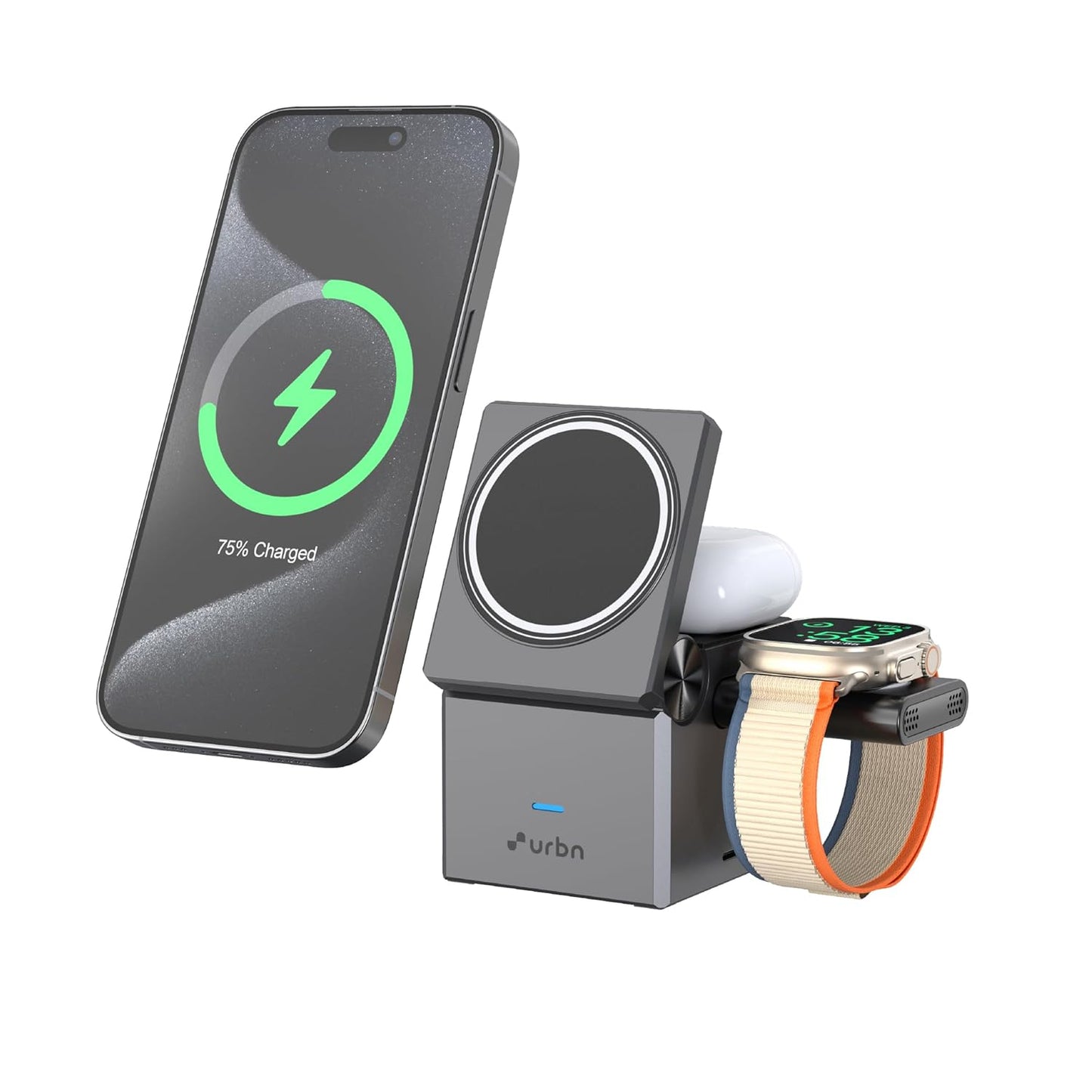 Wireless charging station with smartphone, smartwatch, and wireless earbuds on a white background