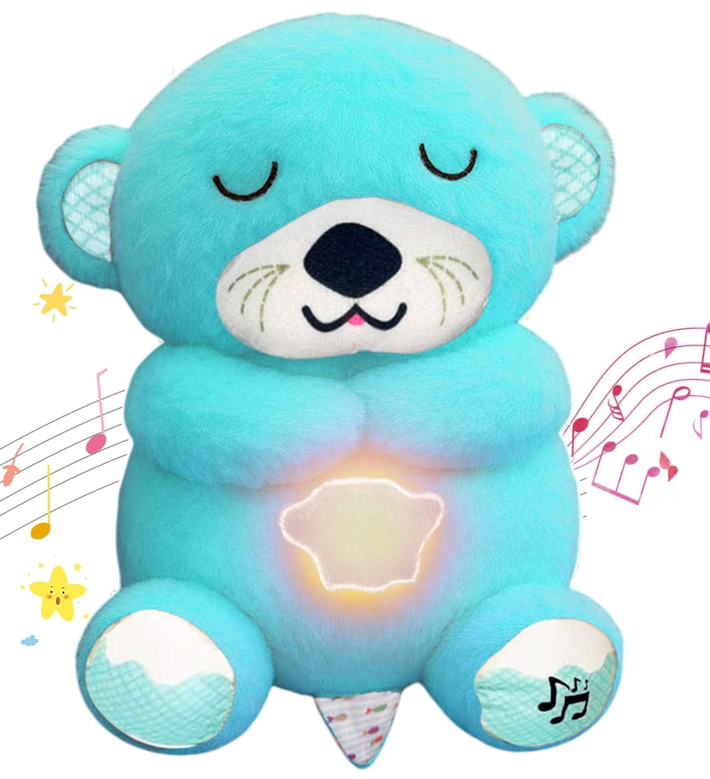 Blue teddy bear plush toy with glowing belly and musical notes around it on a white background