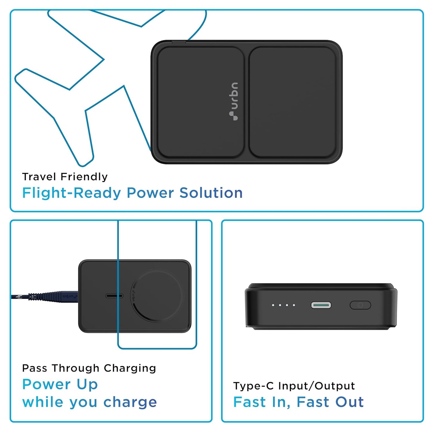 URBN 10000 mAh Stand Magsafe Power Bank with Stand | 15W Fast Wireless Charging |Strong Magnetic Hold | Type C Input/Output | Pass Through Charging | MagTag Ring Included | (Black) -USB Type C