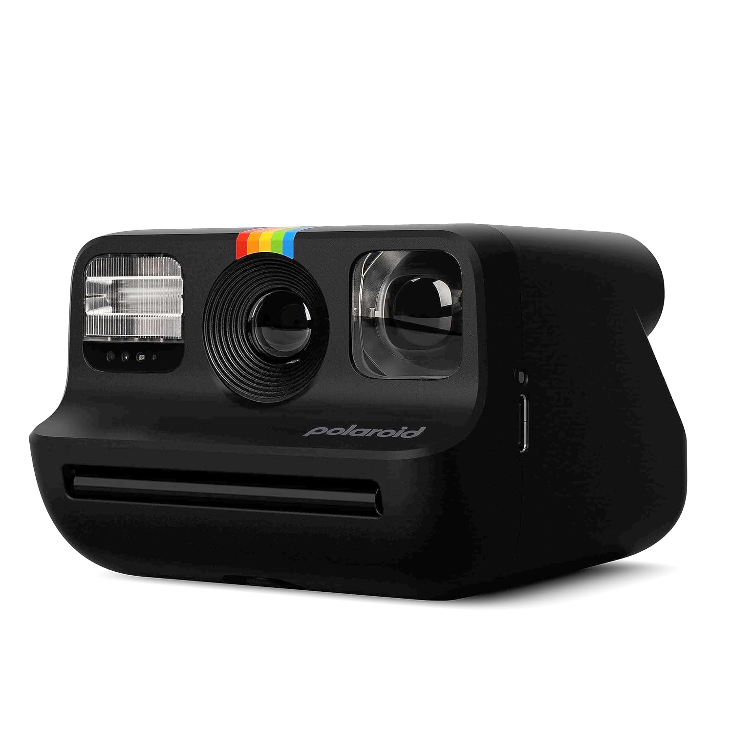 Black Polaroid instant camera on a white background