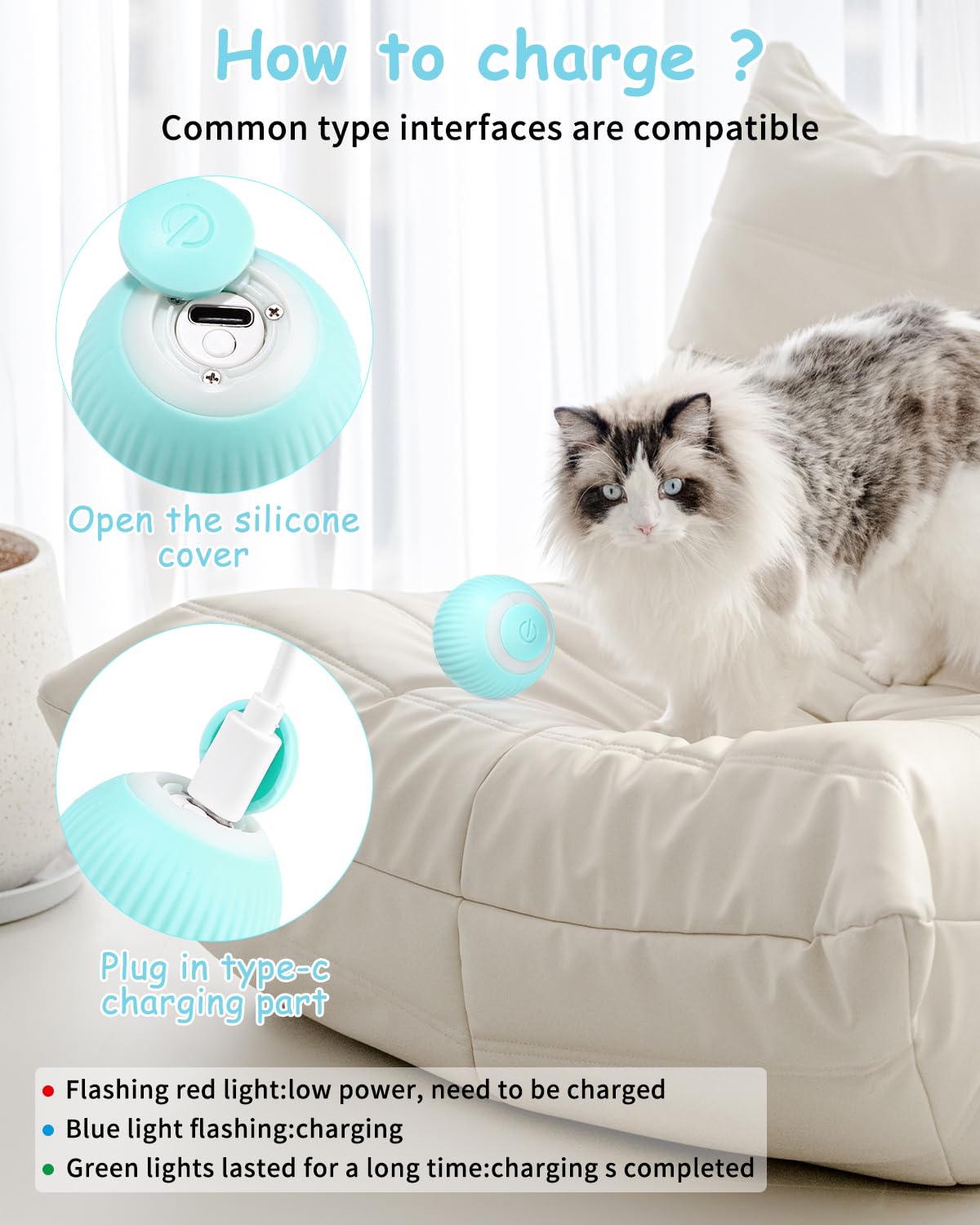 Cat lying on a white surface with a charging device and instructions displayed.