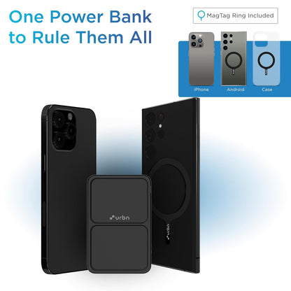 URBN 10000 mAh Stand Magsafe Power Bank with Stand | 15W Fast Wireless Charging |Strong Magnetic Hold | Type C Input/Output | Pass Through Charging | MagTag Ring Included | (Black) -USB Type C