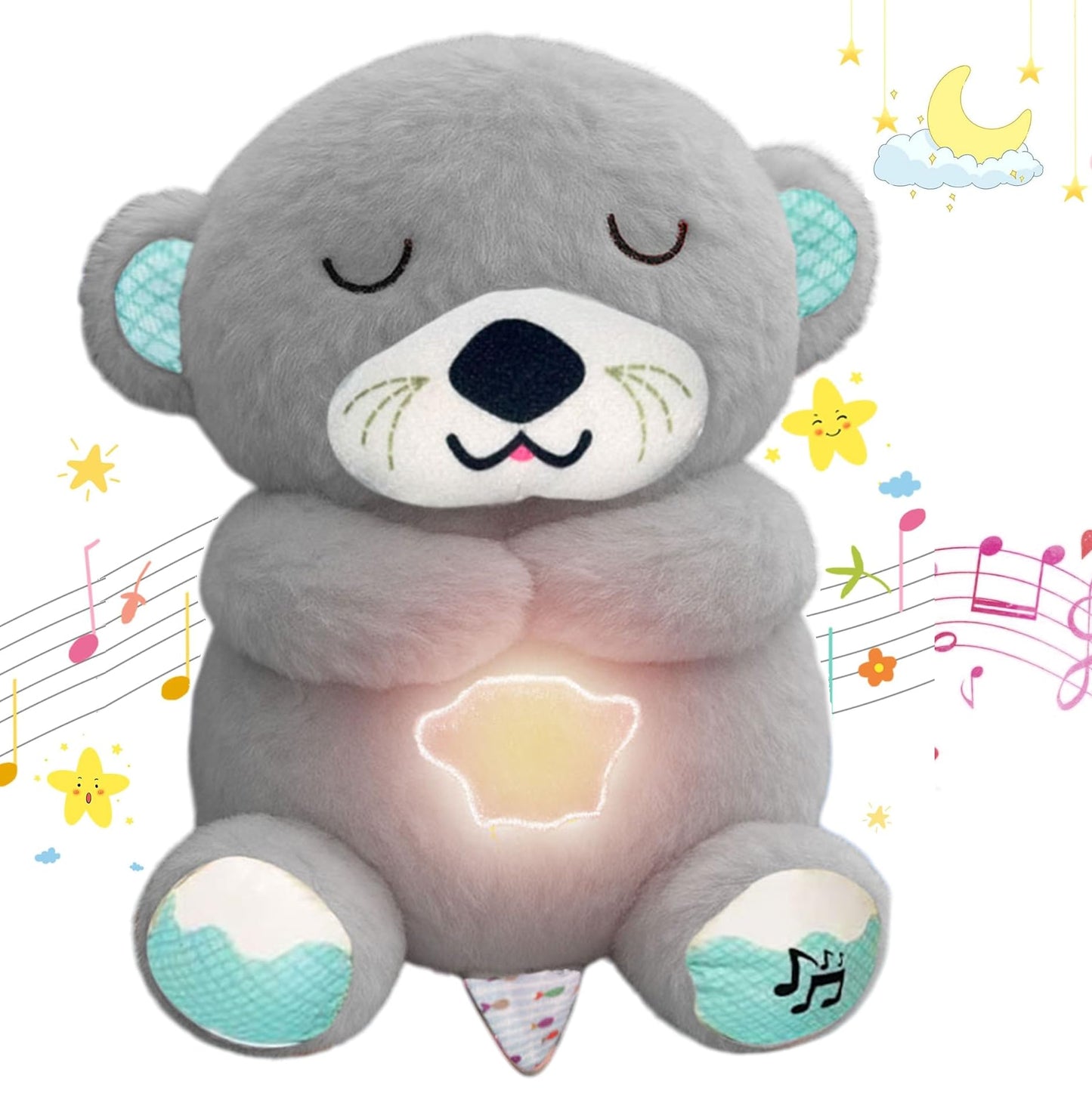 Gray plush toy bear with a glowing belly on a white background with musical notes and stars.