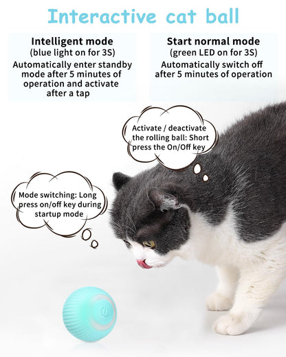Cat playing with an interactive ball with mode instructions on a white background