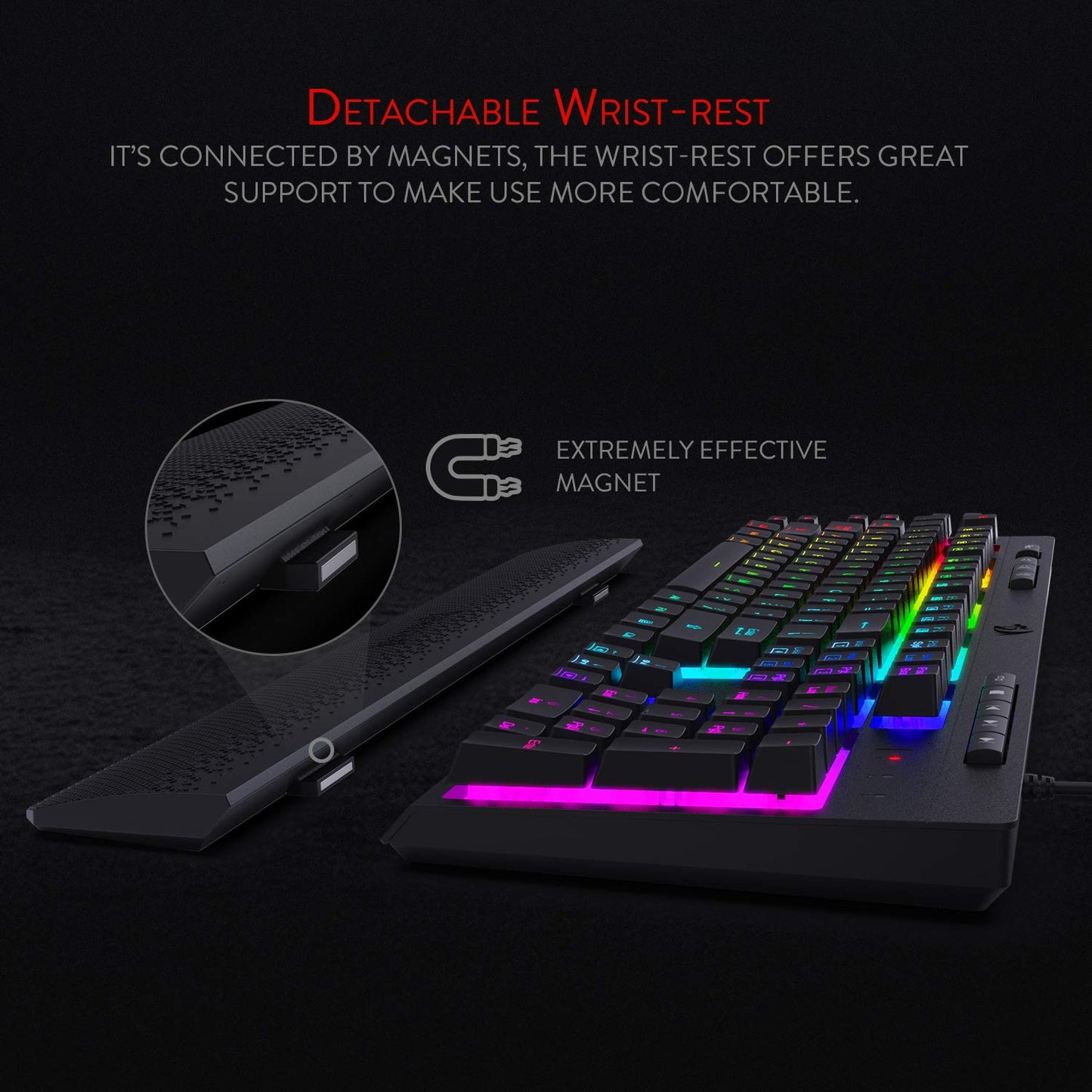 Gaming keyboard with detachable wrist rest on a dark background