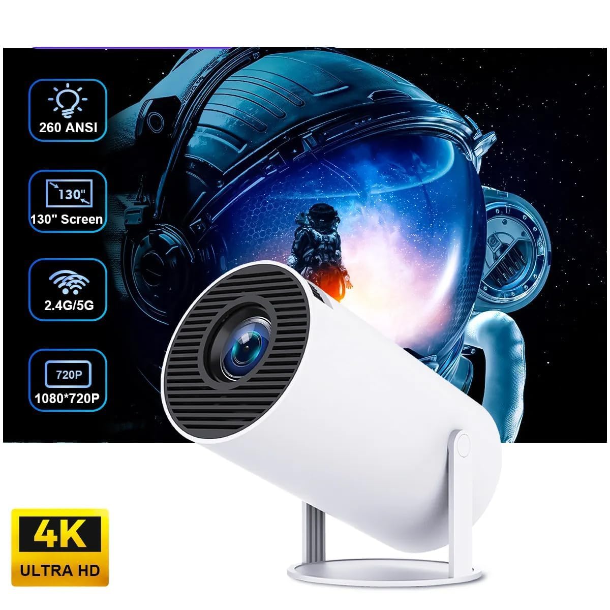 White security camera with features highlighted on a space-themed background