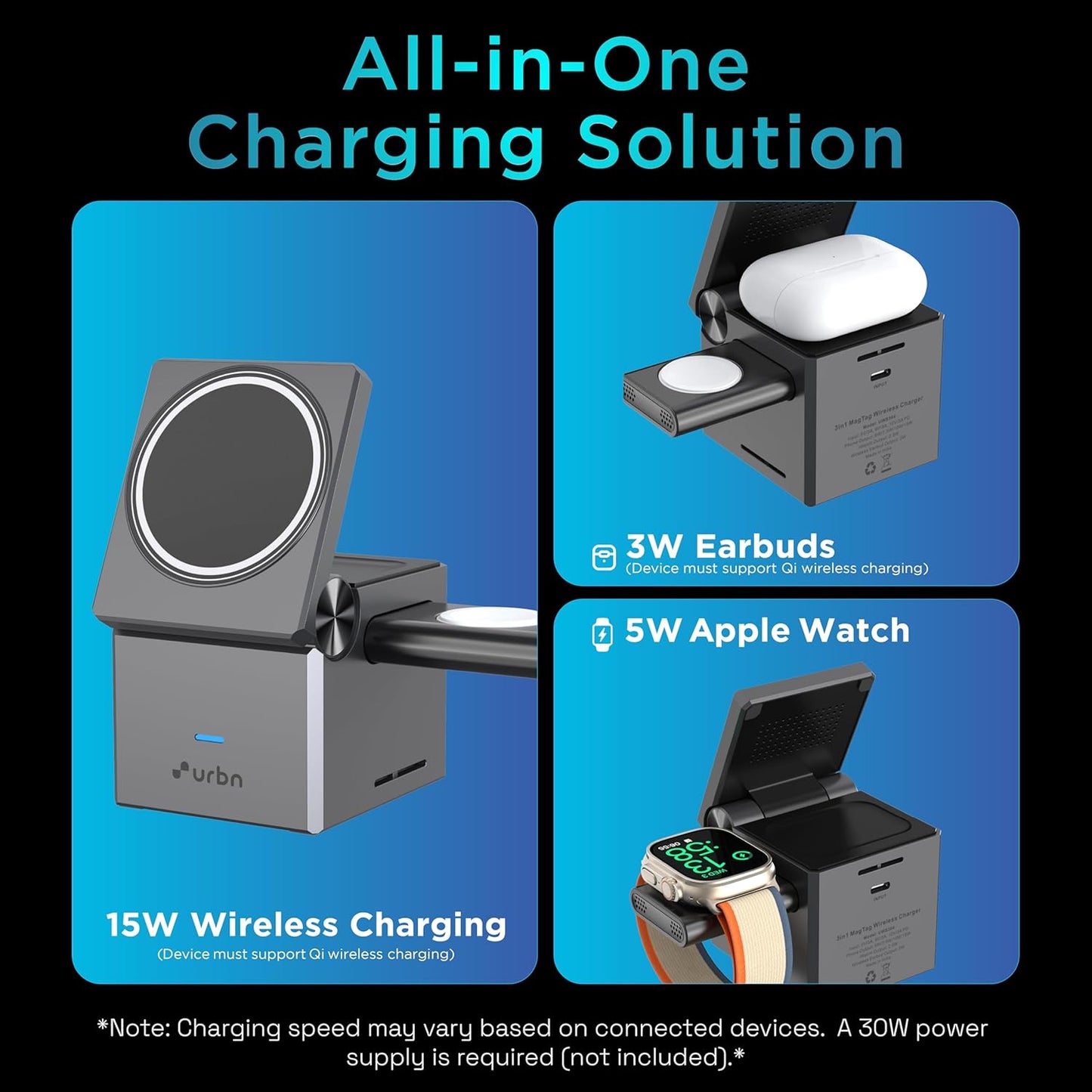All-in-one charging solution with 3W earbuds, 5W Apple Watch, and 15W wireless charging capabilities.