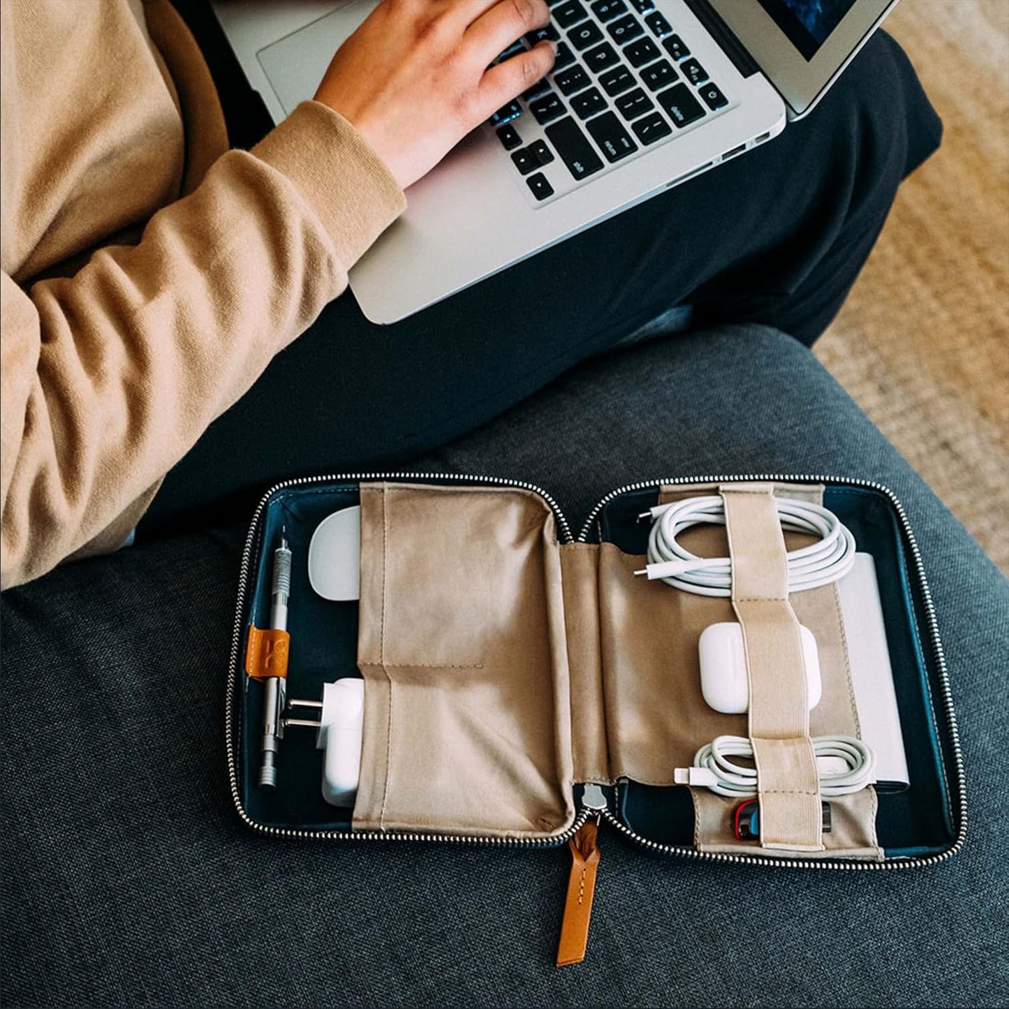 DailyObjects Travel Digital Accessories Storage Bag | Portable Gadget Organizer Case | Regular Zippered Tech Kit Organizer Pouch for Memory Cards - Blue, Canvas, 21 Centimeters