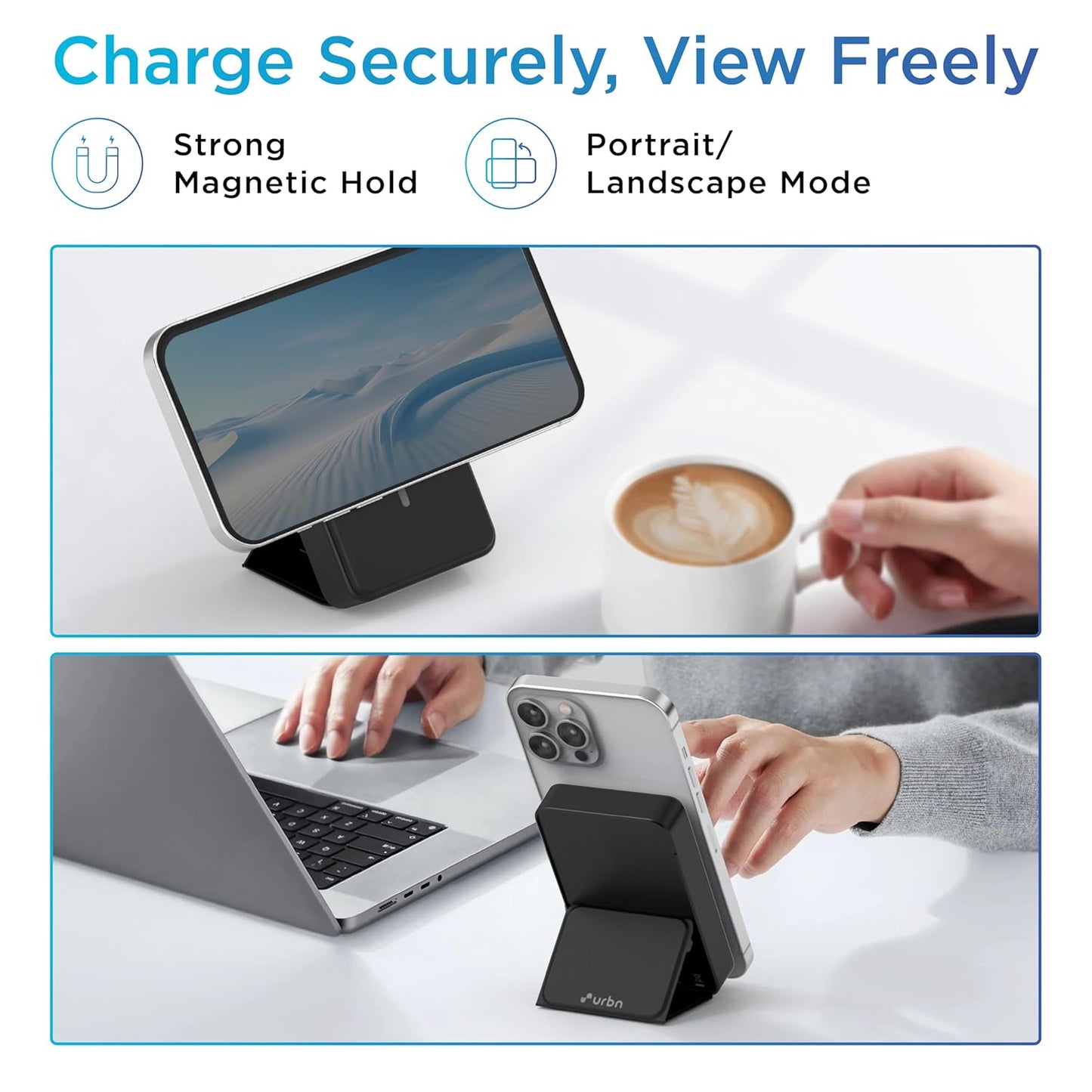 URBN 10000 mAh Stand Magsafe Power Bank with Stand | 15W Fast Wireless Charging |Strong Magnetic Hold | Type C Input/Output | Pass Through Charging | MagTag Ring Included | (Black) -USB Type C