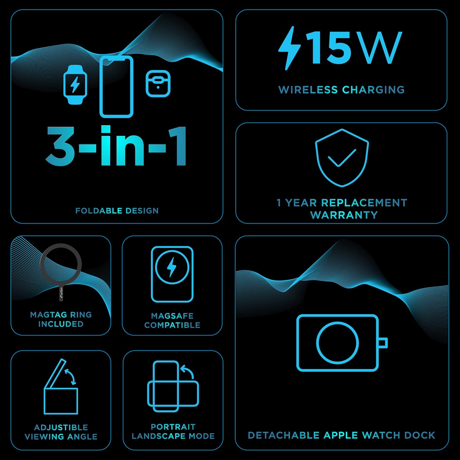 Product features with icons and text on a dark background