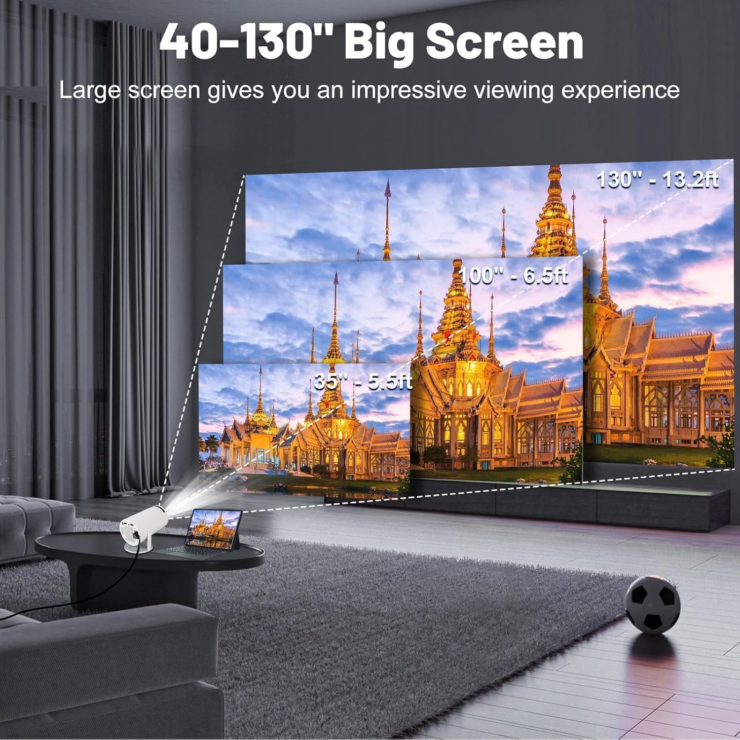Living room with a large screen displaying a temple, showing different sizes from 35" to 130".