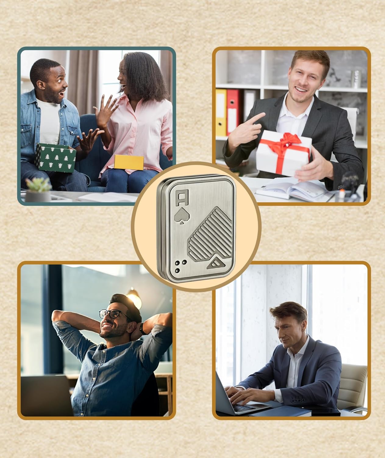 Collage of people in various settings with a central focus on a playing card symbol.