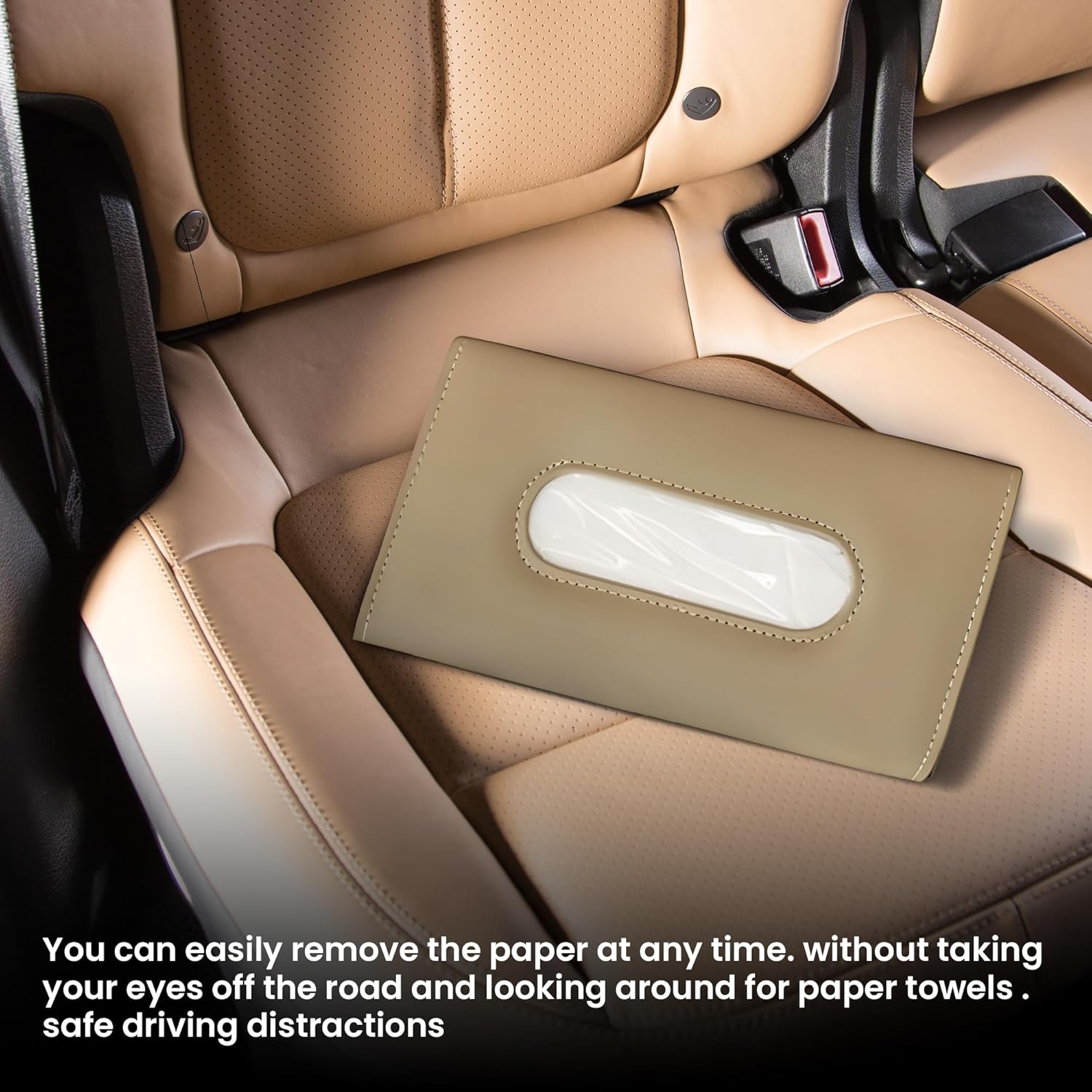 Car tissue holder on a car seat with text about safe driving distractions.