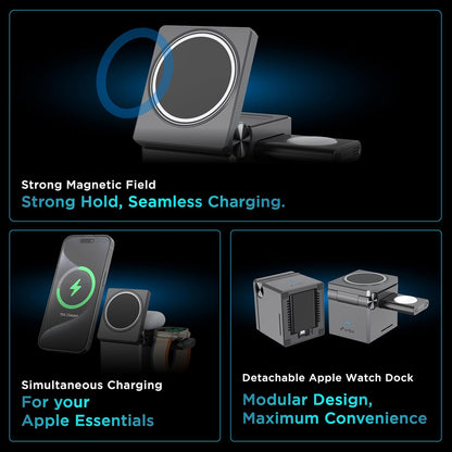 Wireless charging dock with text highlighting features on a dark background