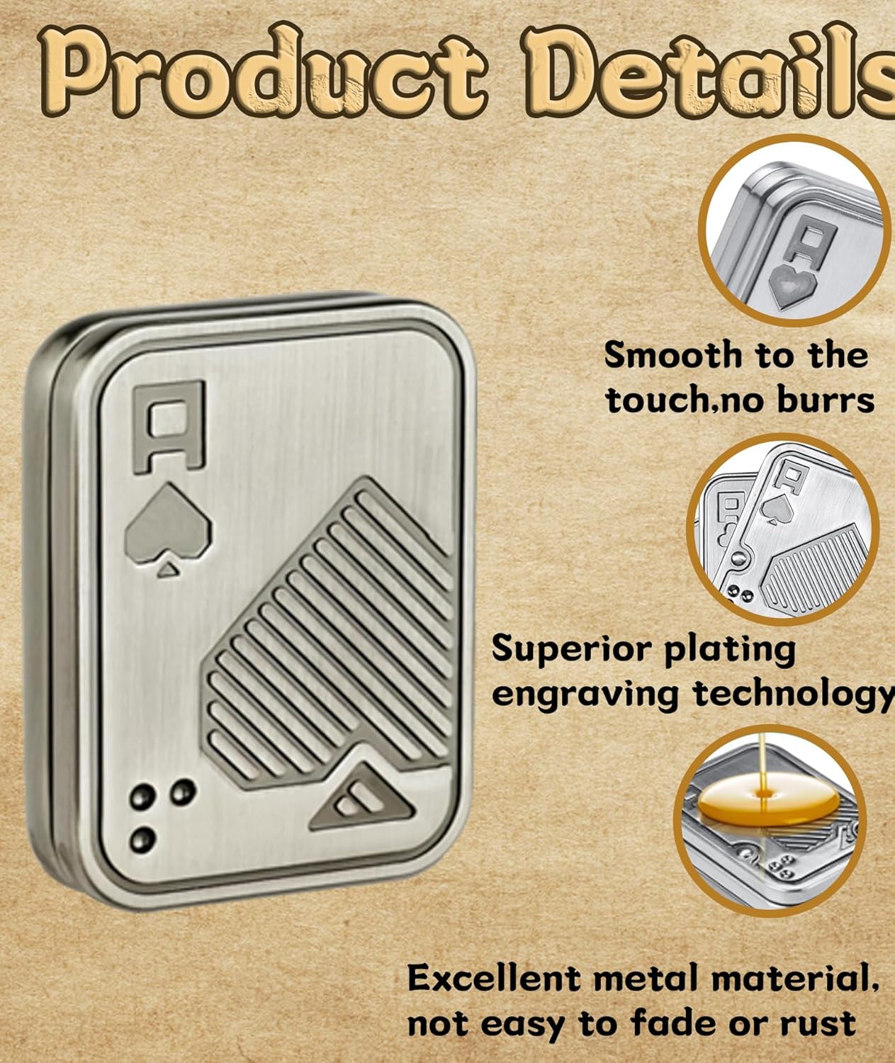 Metal card with ace of spades design on a beige background with product details text.