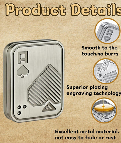 Metal card with ace of spades design on a beige background with product details text.