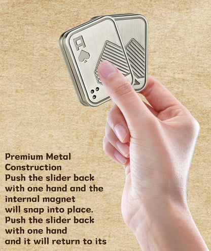 Hand holding a metallic card case with text on premium metal construction and usage instructions.
