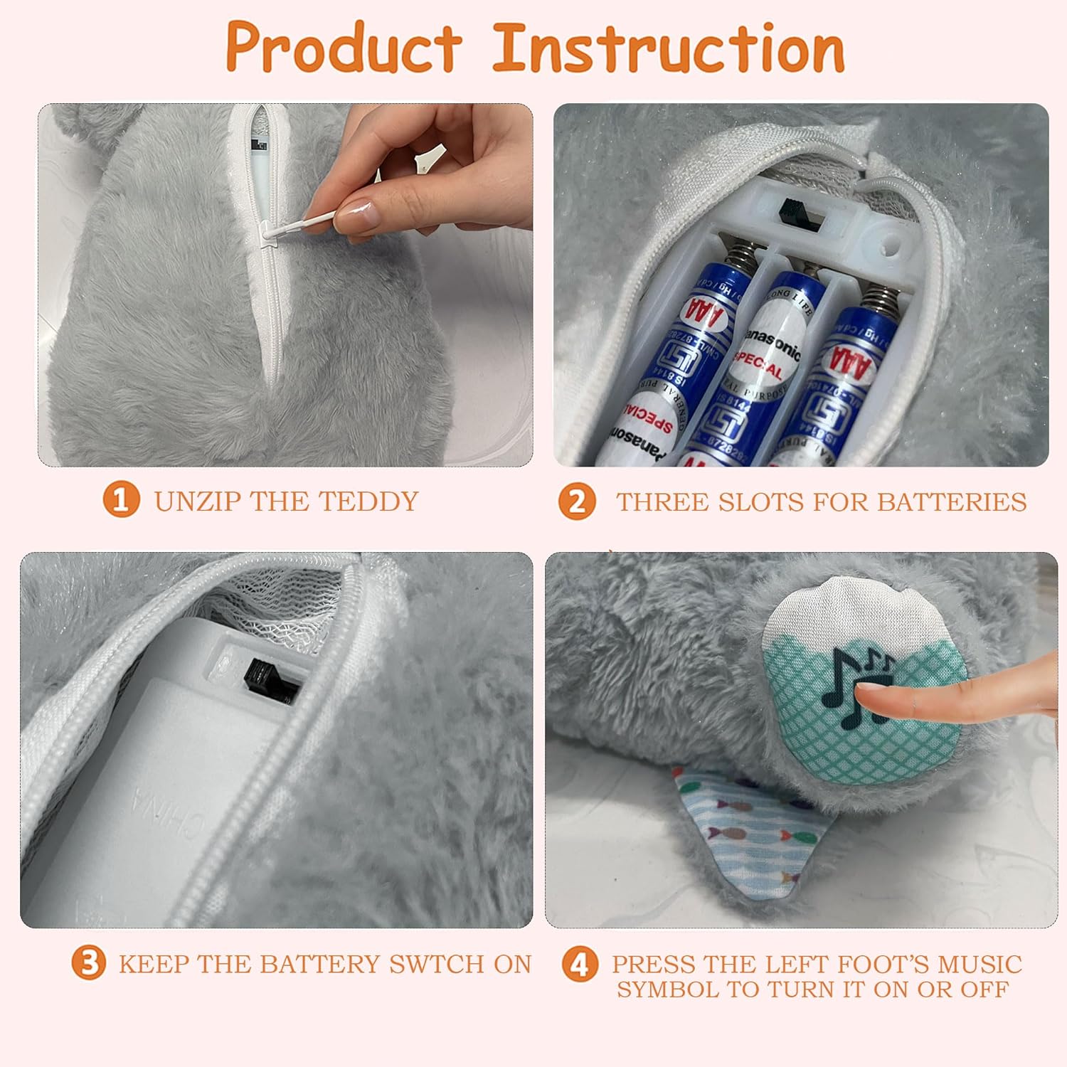 Product instruction guide for a teddy bear with batteries and switch.