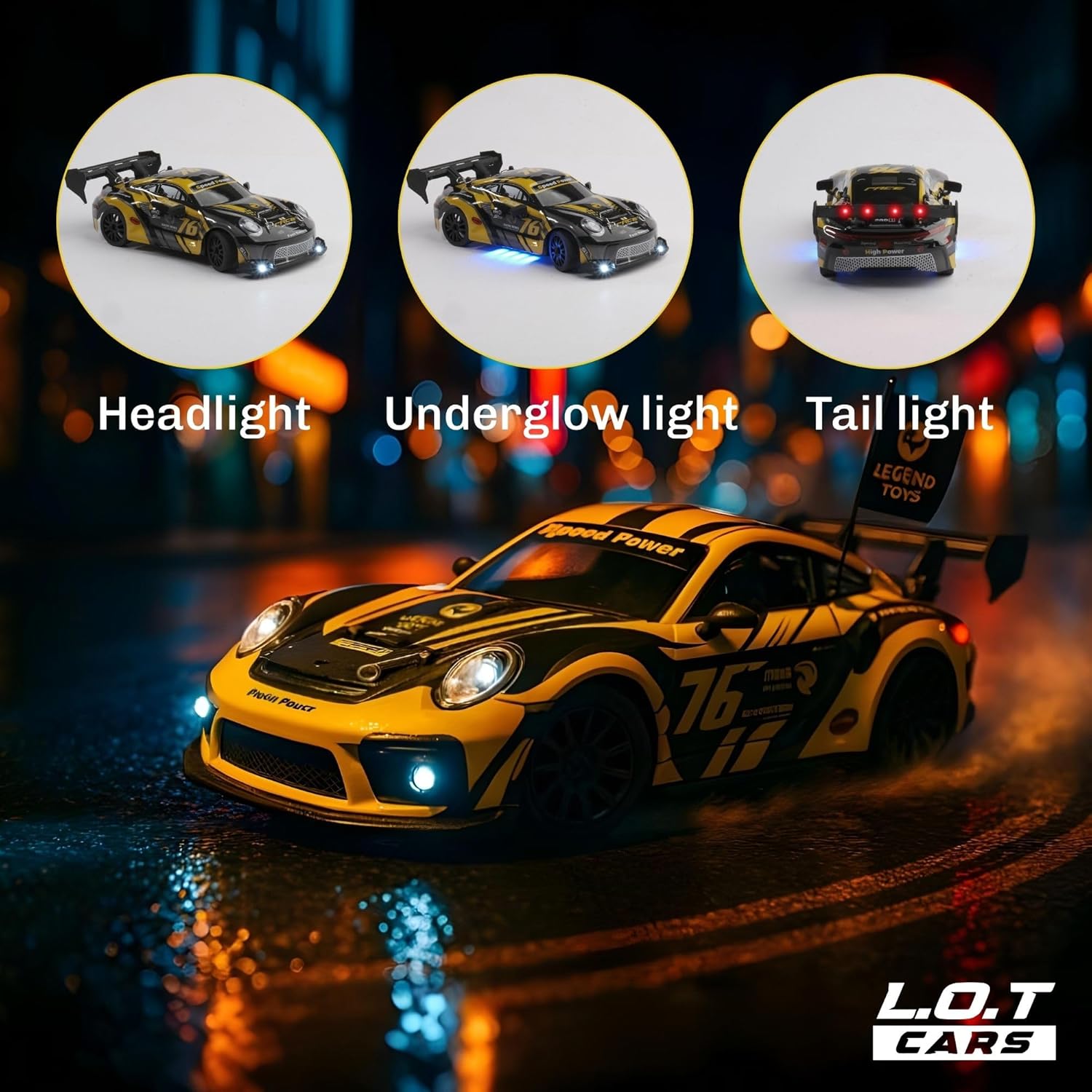 Model car with illuminated headlights, underglow, and tail lights on a dark background.