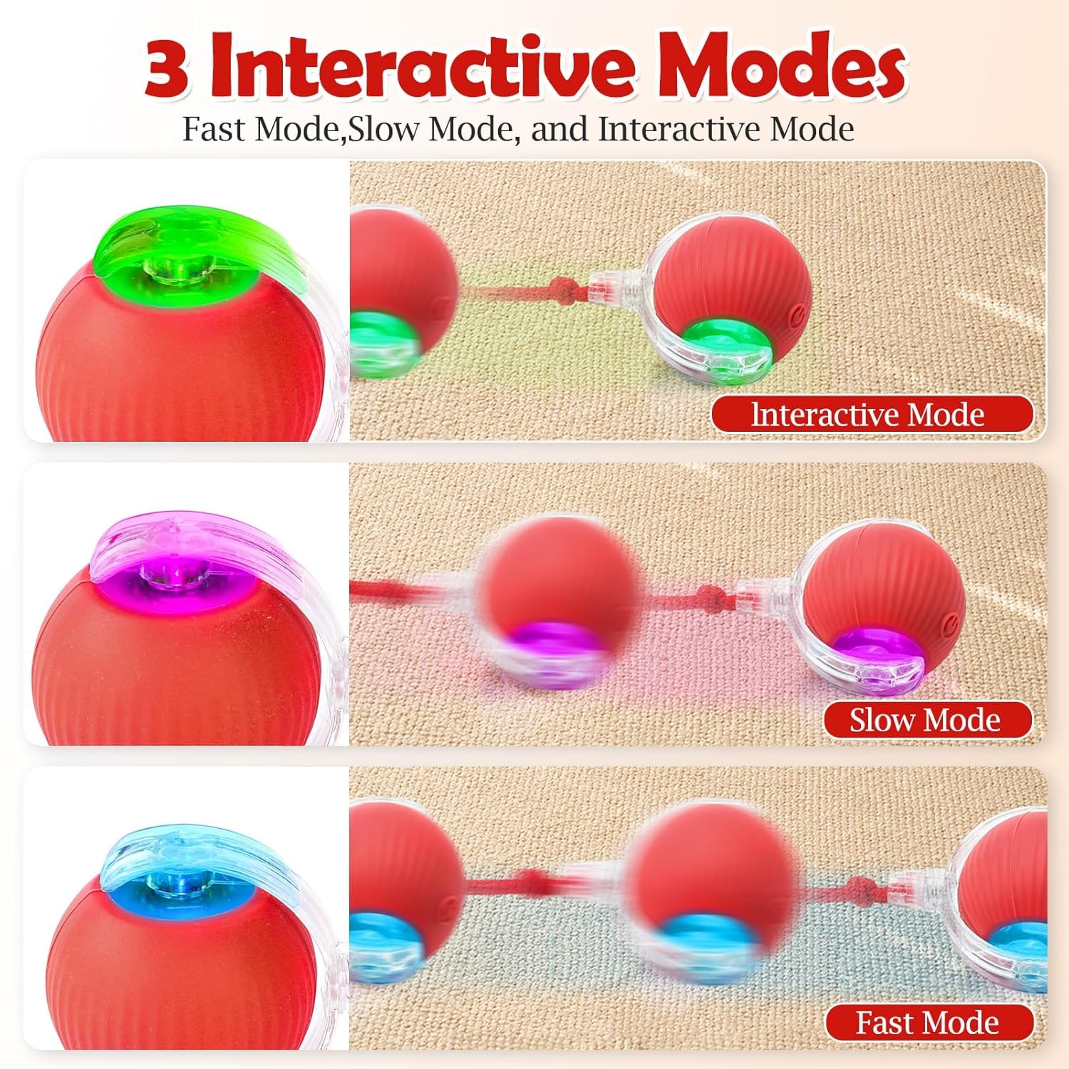 Red ball with colorful top sections labeled 'Fast Mode', 'Slow Mode', and 'Interactive Mode' on a textured beige background.