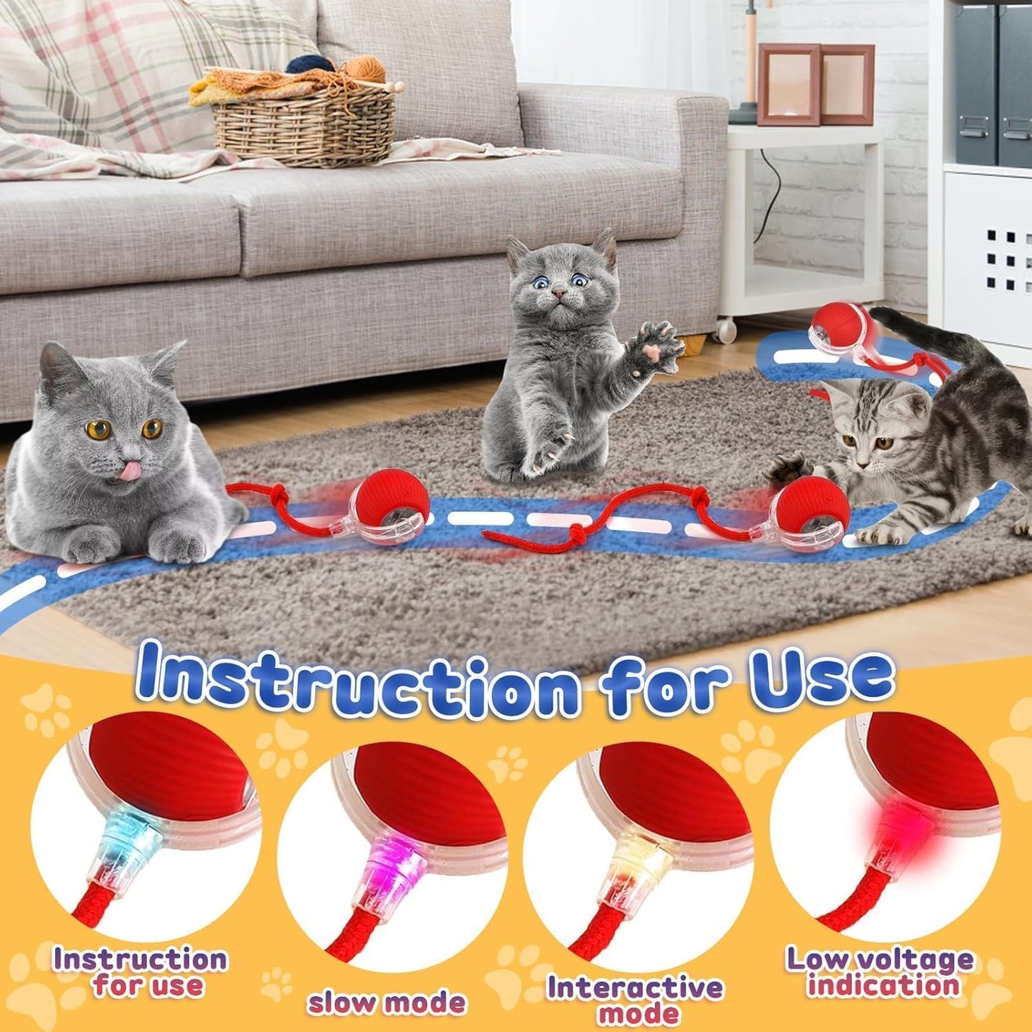 Cat playing with a toy on a rug in a living room, with additional cat images and toy instructions.