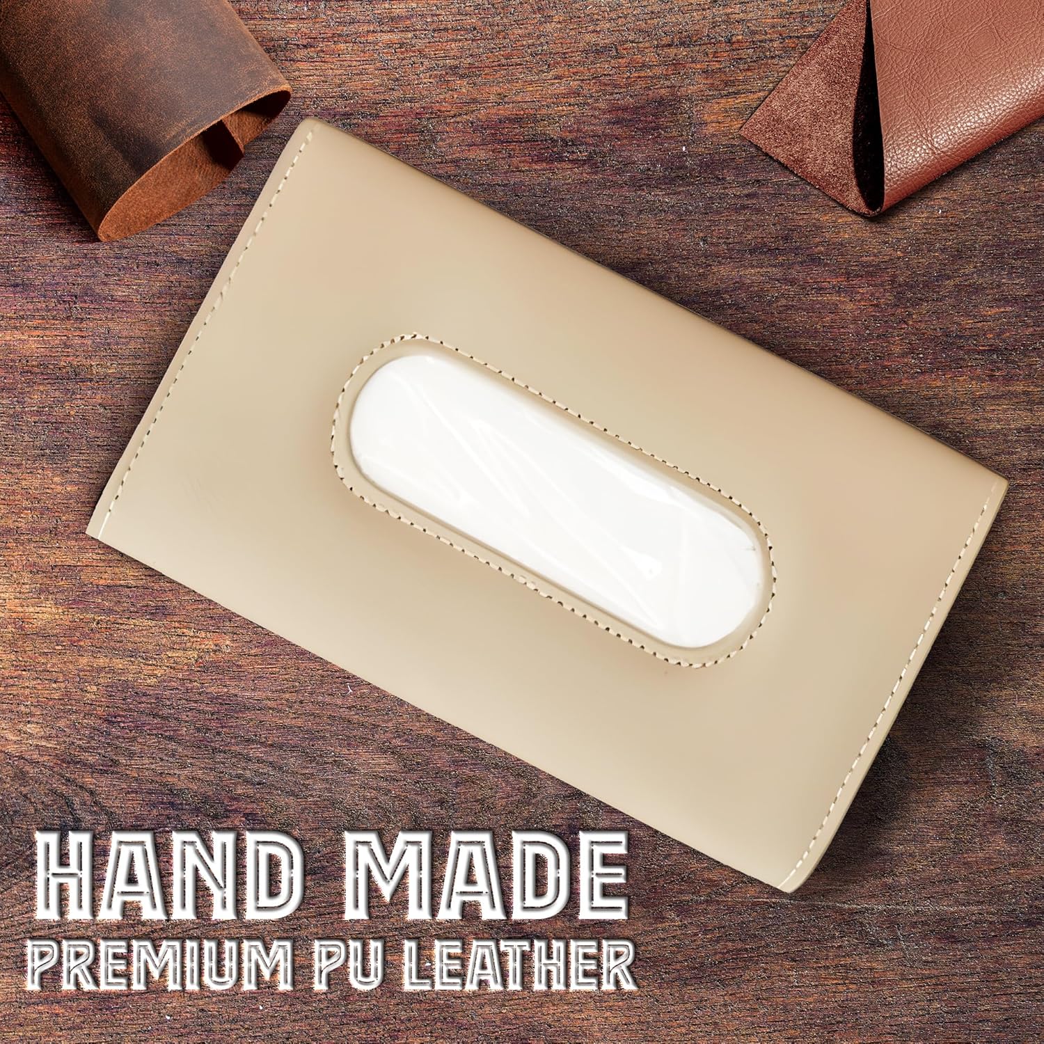 Beige leather tissue holder on a wooden surface with 'Hand Made Premium PU Leather' text.